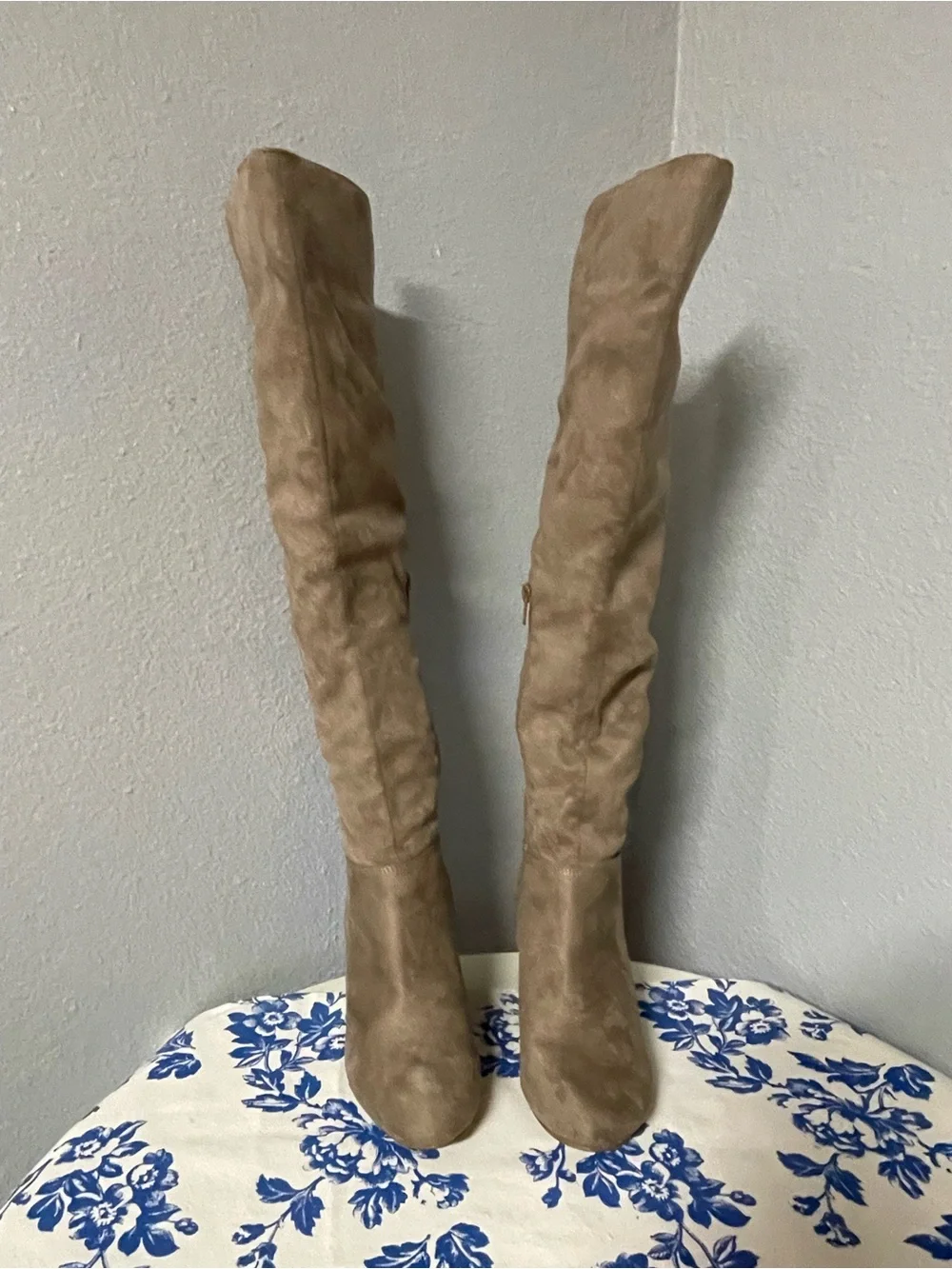 Chinese Laundry Taupe Suede-Look Over-the-Knee Wedge Boots
